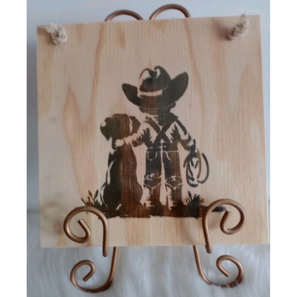 Handmade Cowboy & Dog Home Decor Wood Burnished 8 1/2" X 8" Plaque Wall Hanging